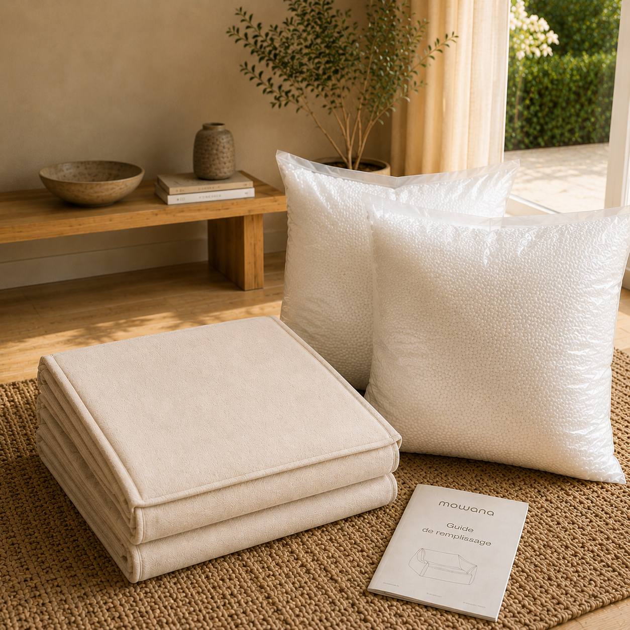 Pack fauteuil pouf sable Mowana avec housse pliée, billes de remplissage et guide inclus Image