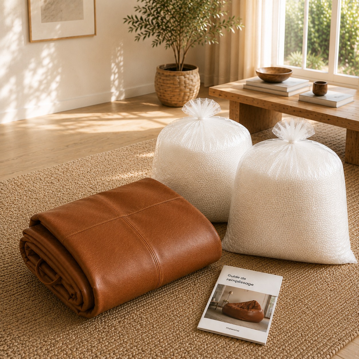 Pack pouf lounge cognac Mowana avec billes de remplissage et guide inclus Image