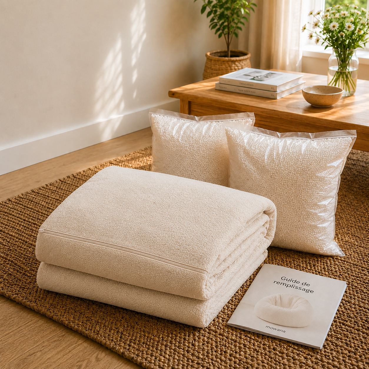 Pack pouf velours nuage Mowana avec billes de remplissage et guide inclus Image