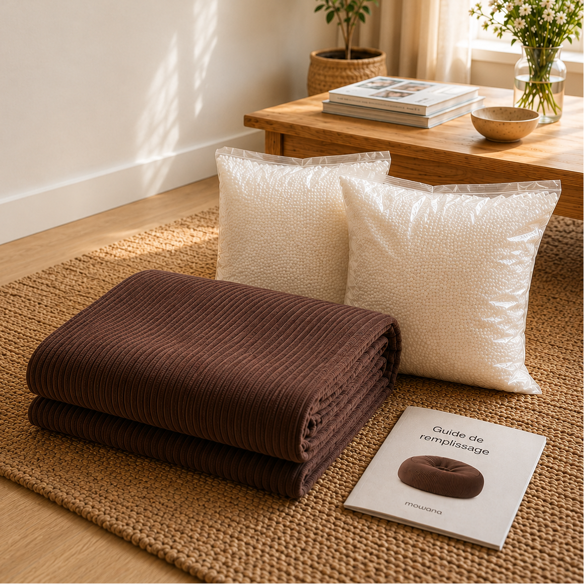 Pack du pouf Moka Mowana avec housse côtelée, billes de remplissage offertes et guide inclus Image