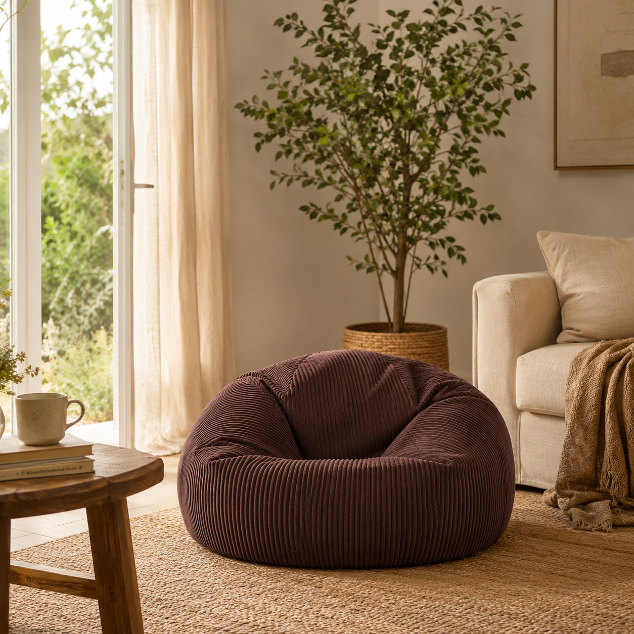 Pouf de salon compact en velours brun Mowana dans un petit salon chaleureux et peu encombrant Image
