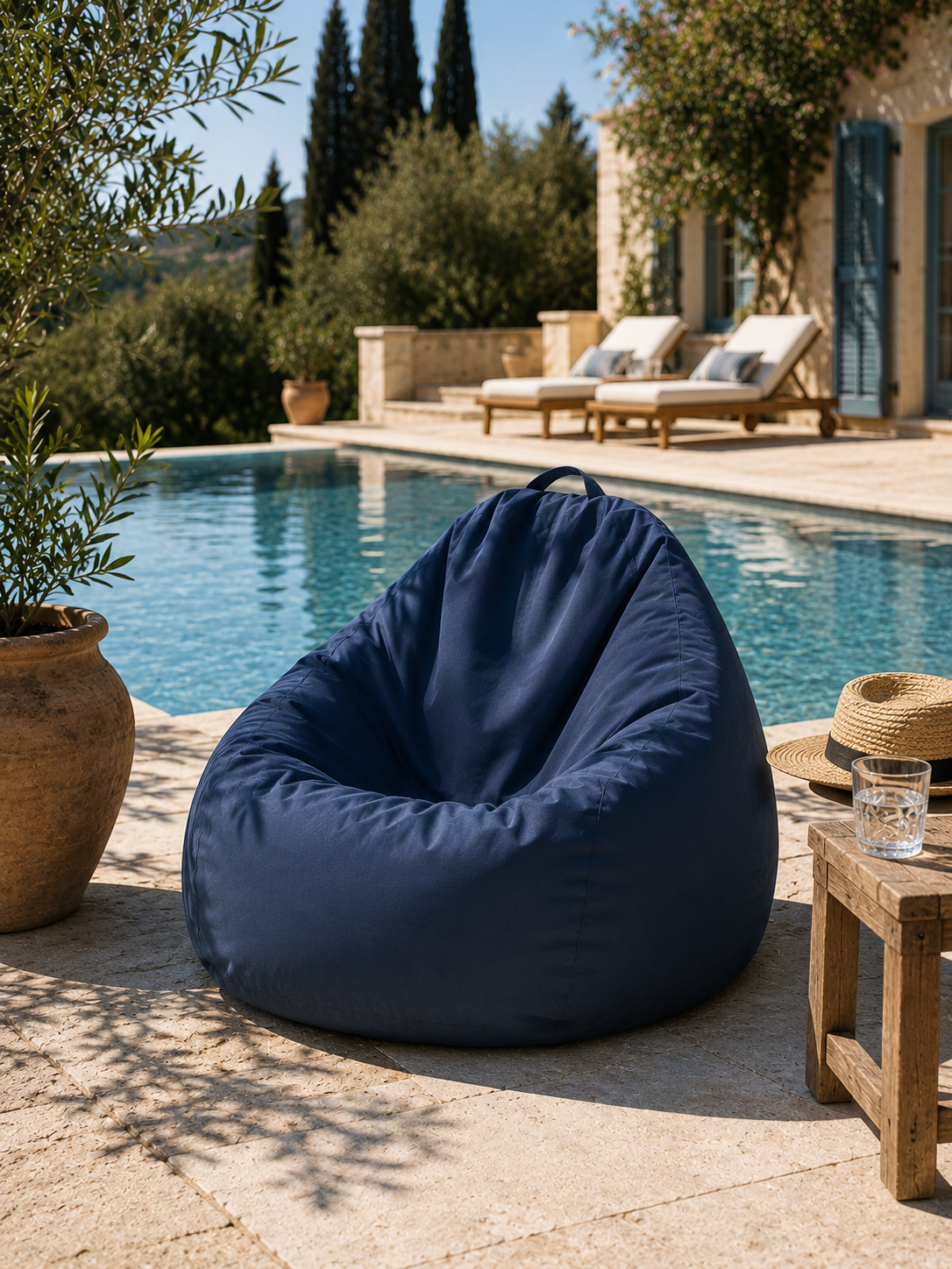 Pouf extérieur bleu marine Mowana installé au bord d’une piscine dans une villa méditerranéenne ensoleillée