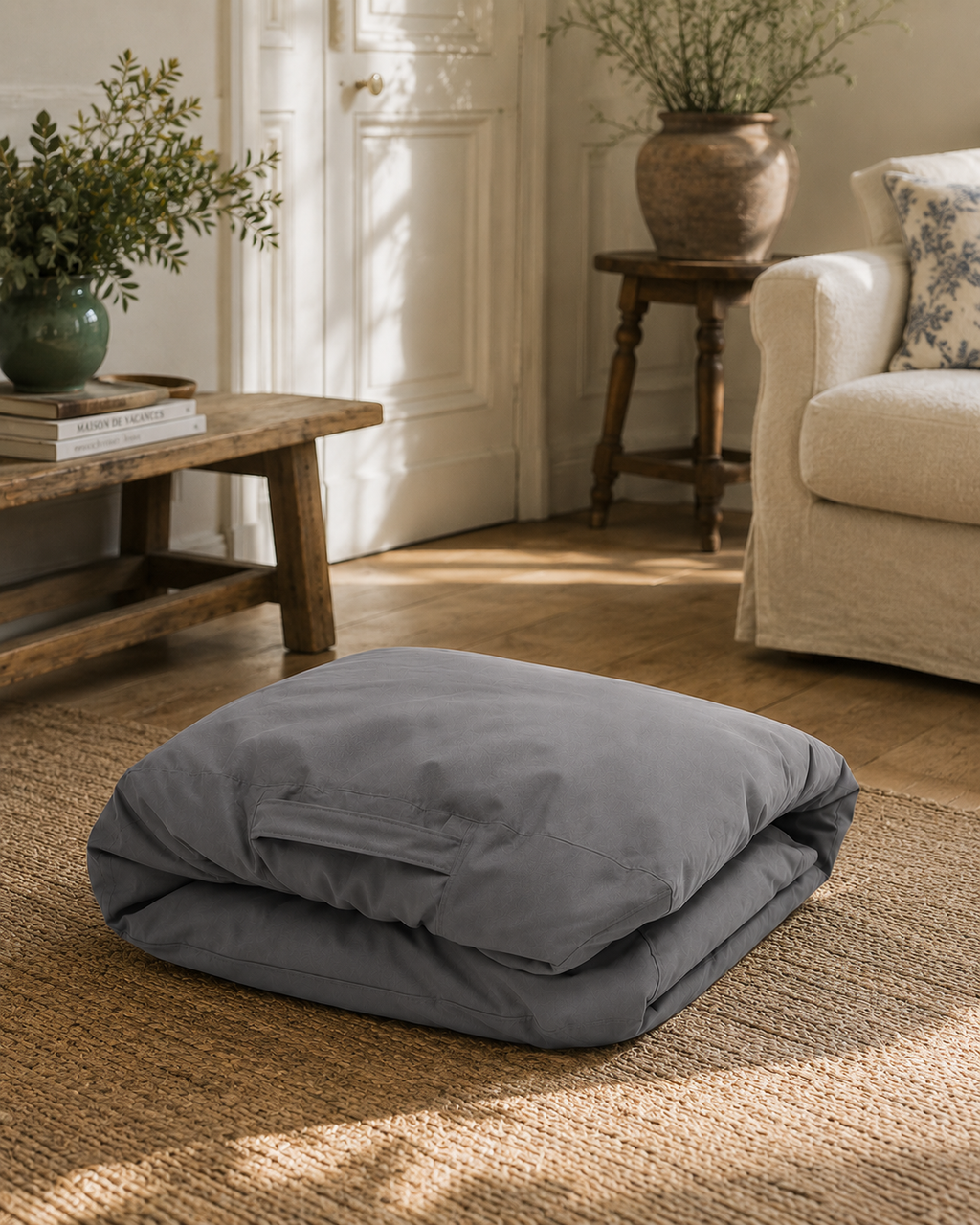 Pouf extérieur gris Mowana plié et rangé dans un salon lumineux avec ambiance naturelle et minimaliste