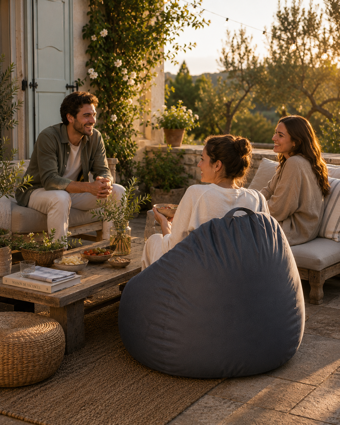 Groupe d’amis profitant d’une soirée en terrasse avec un pouf extérieur gris Mowana dans une ambiance méditerranéenne chaleureuse