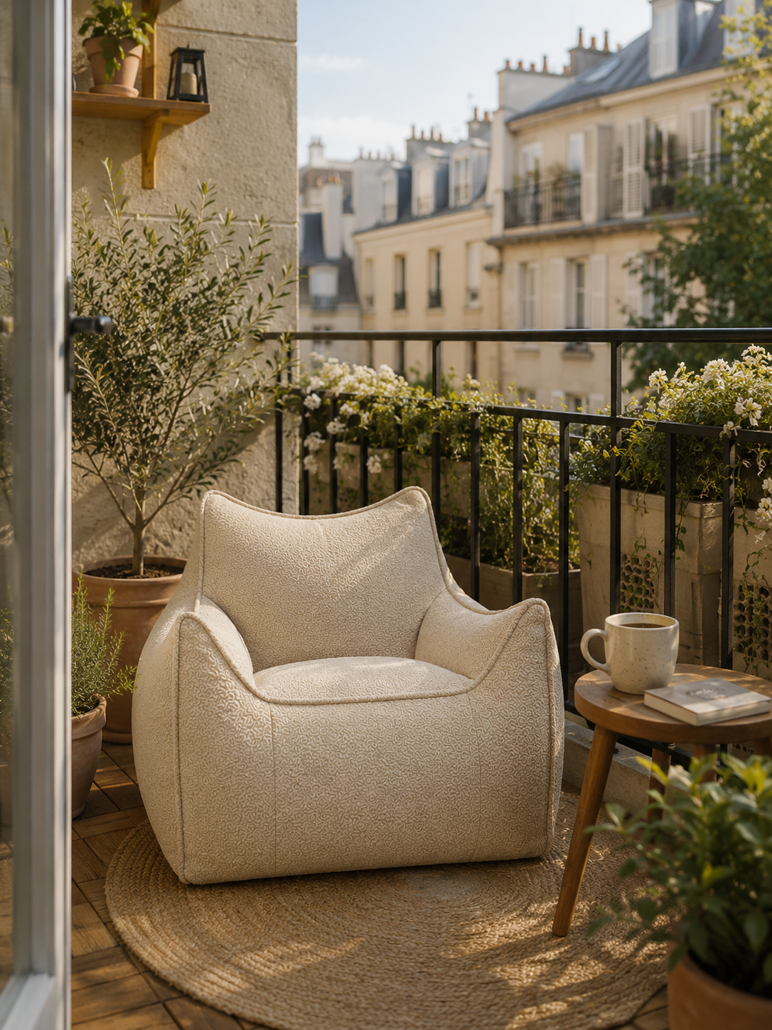 Pouf fauteuil beige Mowana sur un balcon parisien végétalisé avec vue sur les toits et ambiance détente lumineuse Image