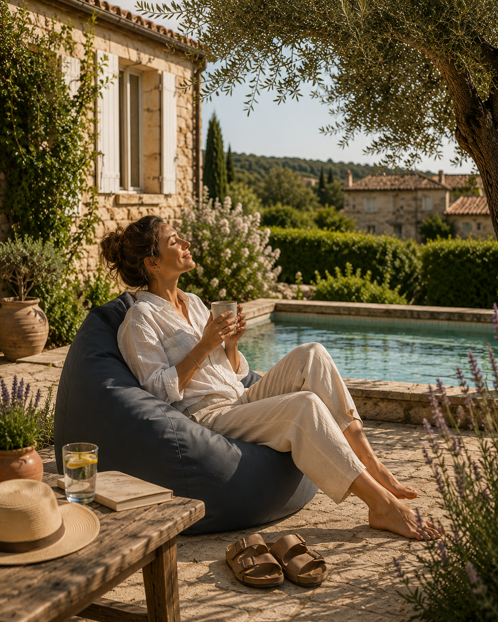 Femme assise sur un pouf gris Mowana au bord d’une piscine dans un jardin méditerranéen, ambiance terrasse premium en été