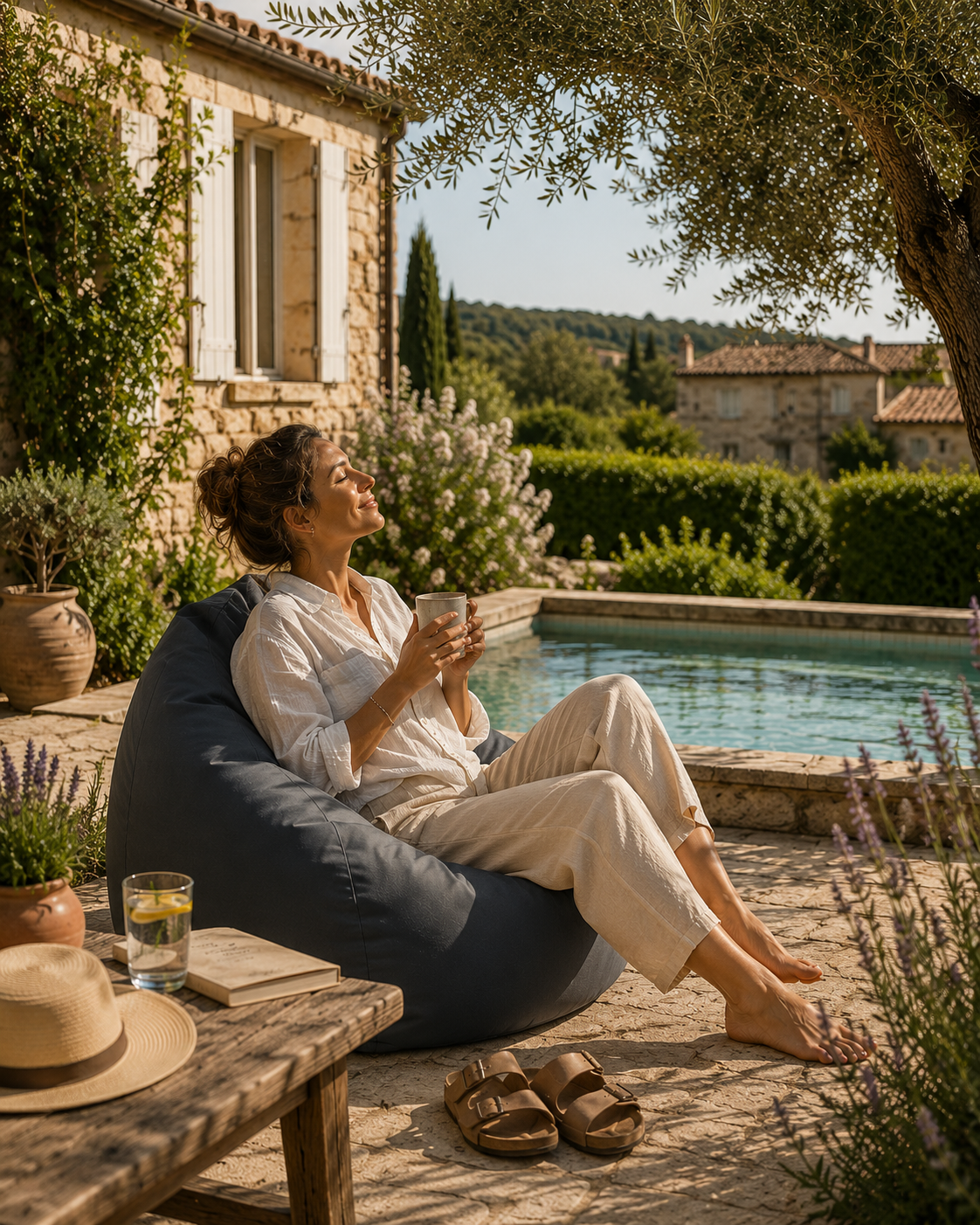 Femme assise sur un pouf gris Mowana au bord d’une piscine dans un jardin méditerranéen, ambiance terrasse premium en été
