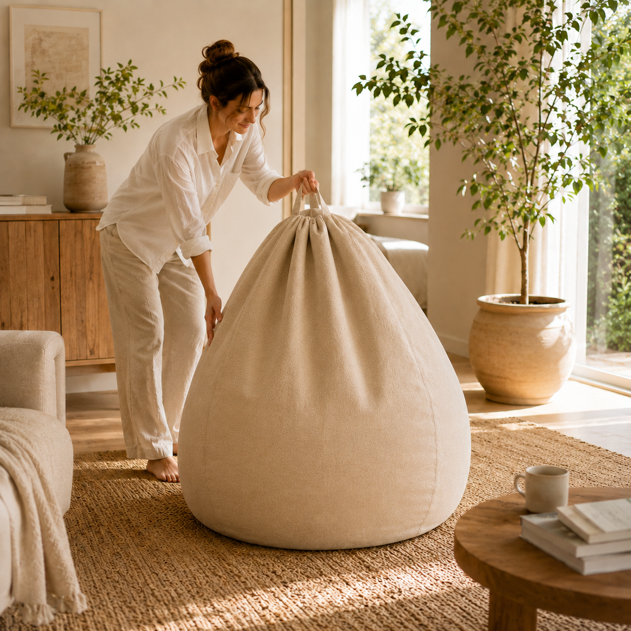 Femme déplaçant un grand pouf beige Mowana dans un salon lumineux pour montrer sa légèreté et sa facilité de déplacement Image