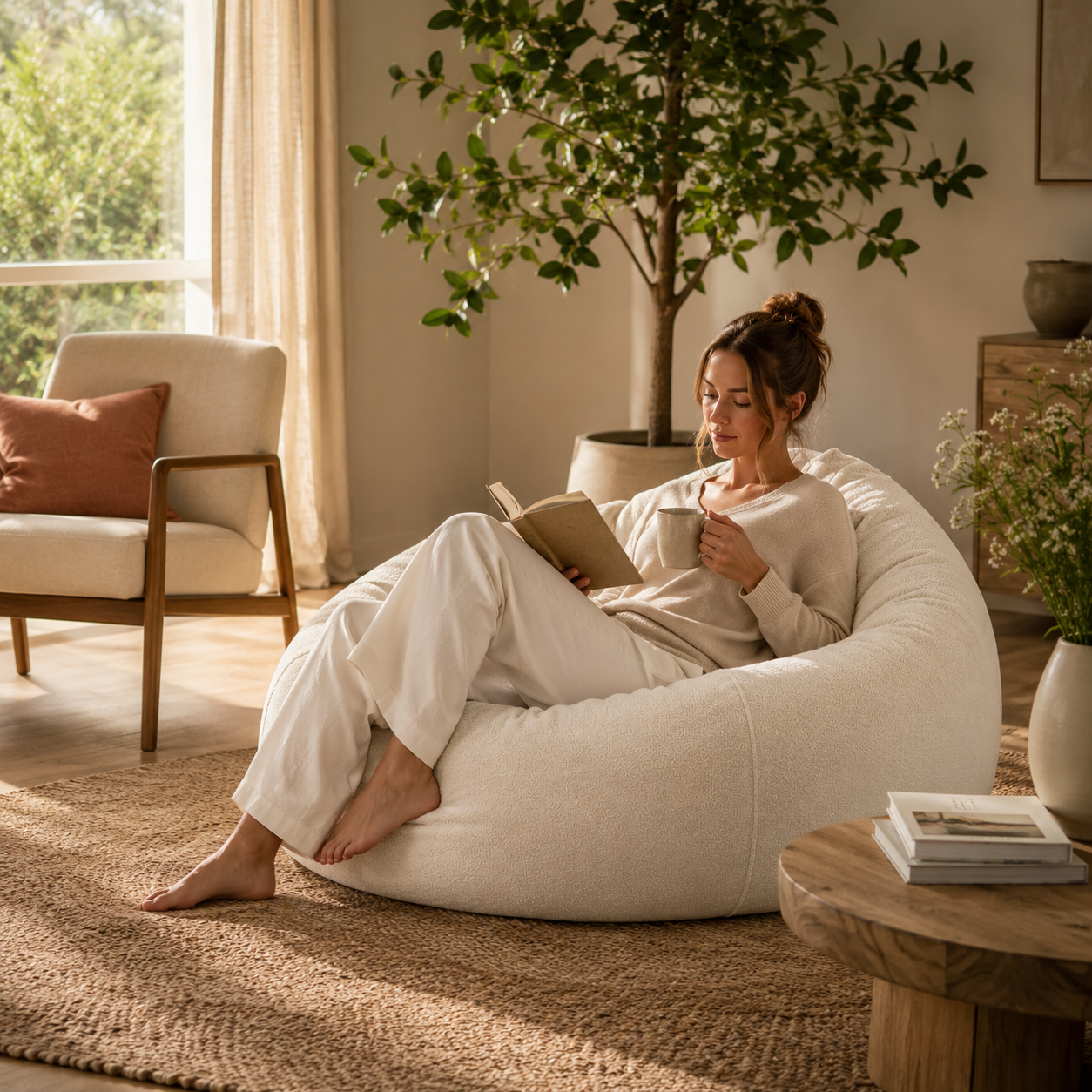Femme assise confortablement dans un pouf bouclé beige Mowana en train de lire dans un salon cosy Image