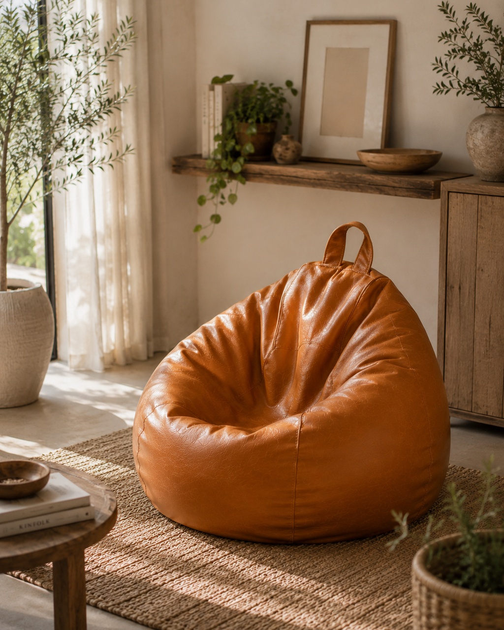 Pouf en simili cuir cognac Mowana installé dans un salon lumineux avec décoration naturelle et ambiance chaleureuse