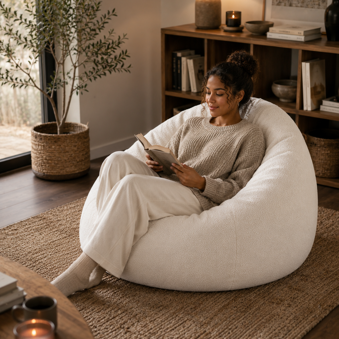 Pouf velours nuage Mowana installé dans un coin détente cocooning Image