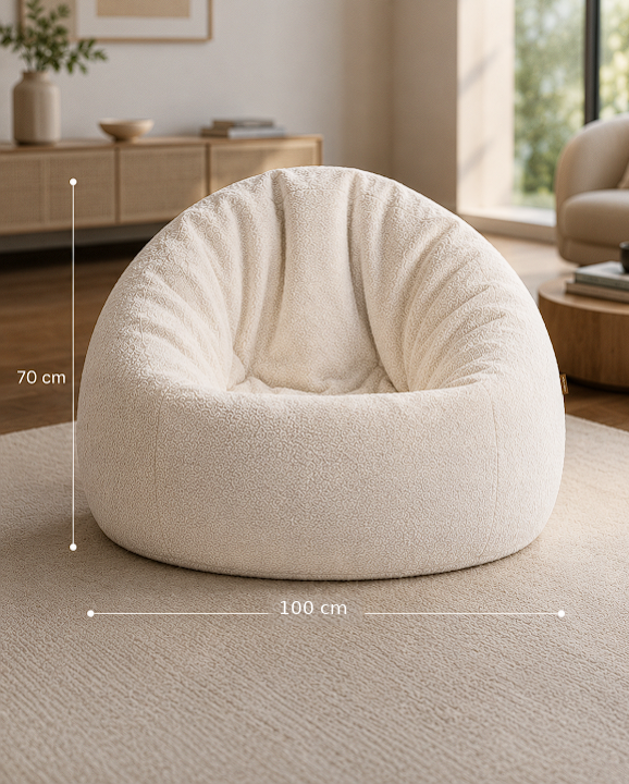 Dimensions du pouf velours blanc Mowana avec hauteur de 70 cm et largeur de 100 cm dans un salon 