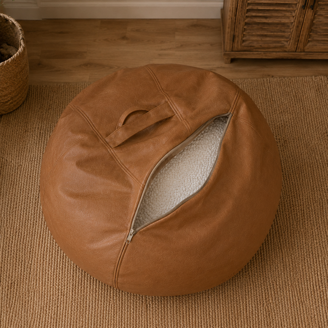 Ouverture du pouf lounge cognac Mowana avec remplissage ajustable Image