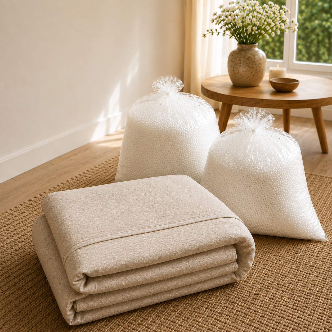 Housse beige en lin et coton du pouf Mowana avec billes de remplissage incluses dans un salon lumineux Image