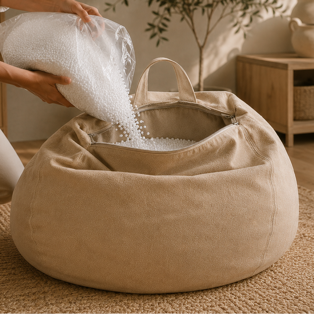 Remplissage du pouf beige Mowana avec billes ajustables pour personnaliser le confort Image