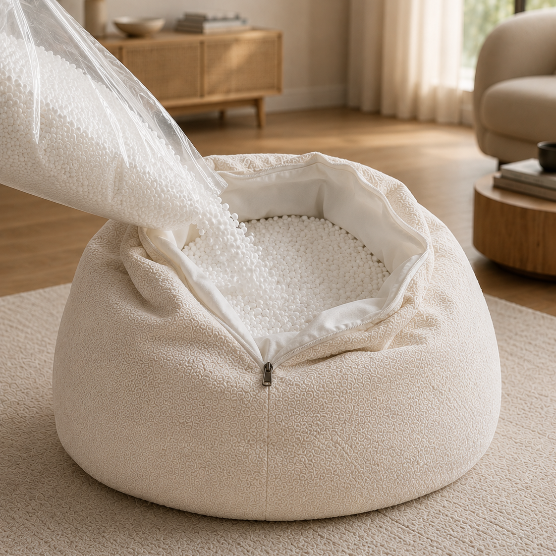 Remplissage d’un pouf velours beige Mowana avec billes de polystyrène dans un salon lumineux minimaliste