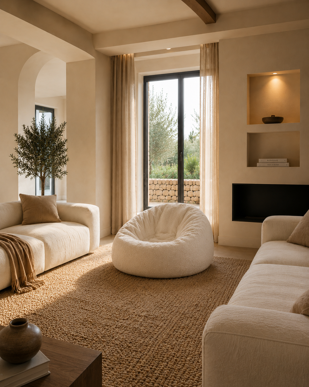 Salon beige minimaliste avec pouf velours blanc Mowana au centre d’un espace lumineux et chaleureux